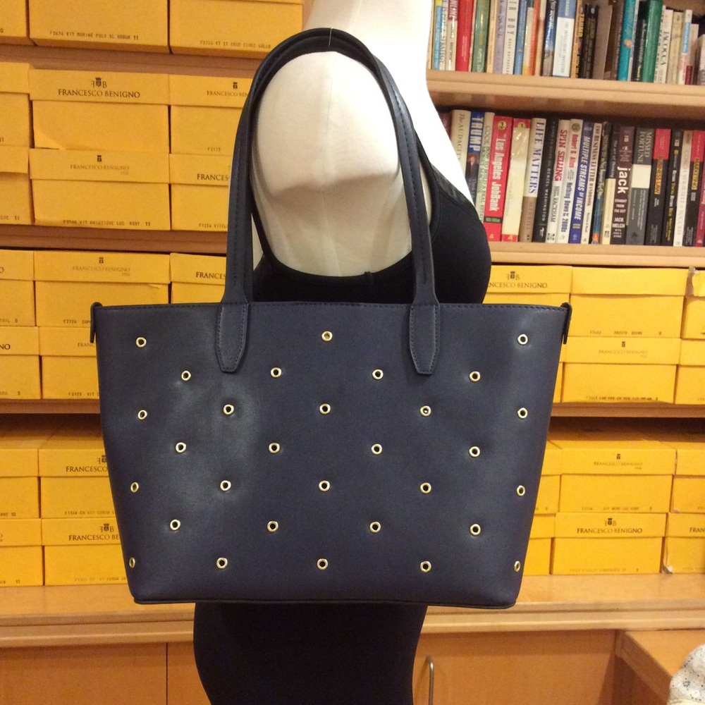 NWT Mondani navy blue tote with gold stud detail.